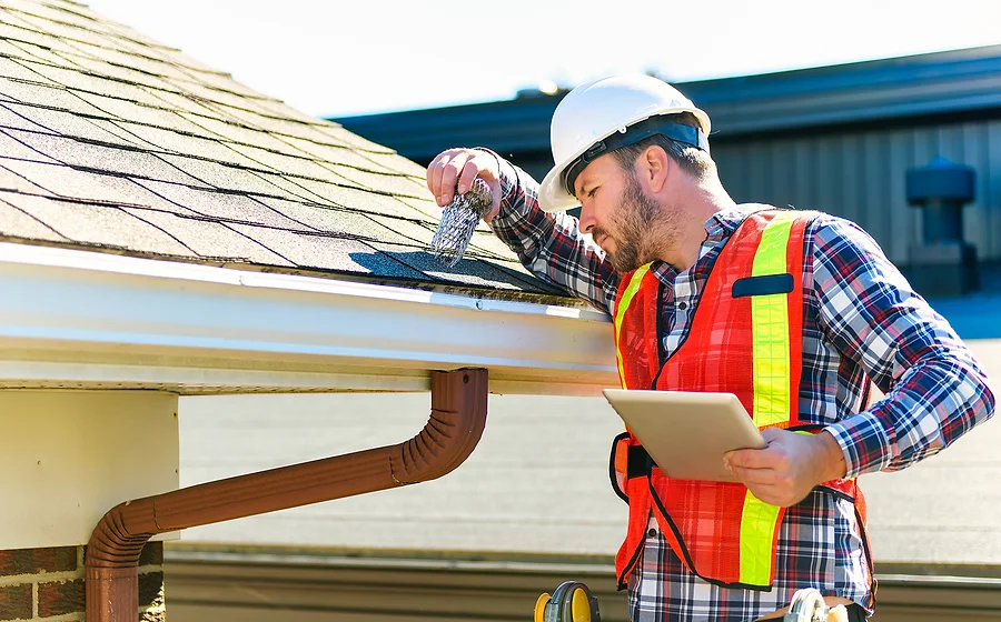 A roofer inspecting and repairing a pitched roof